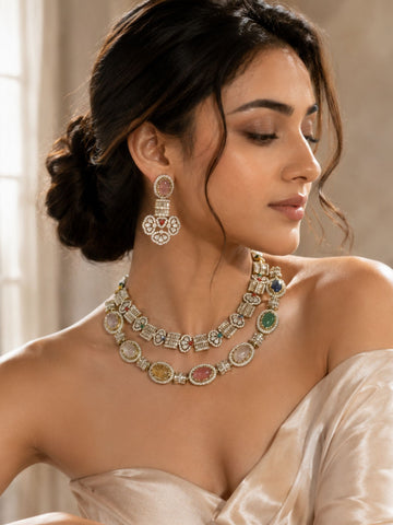 Navratna Layered Necklace Set in Gold Plating – Festive Wear | Abdesigns