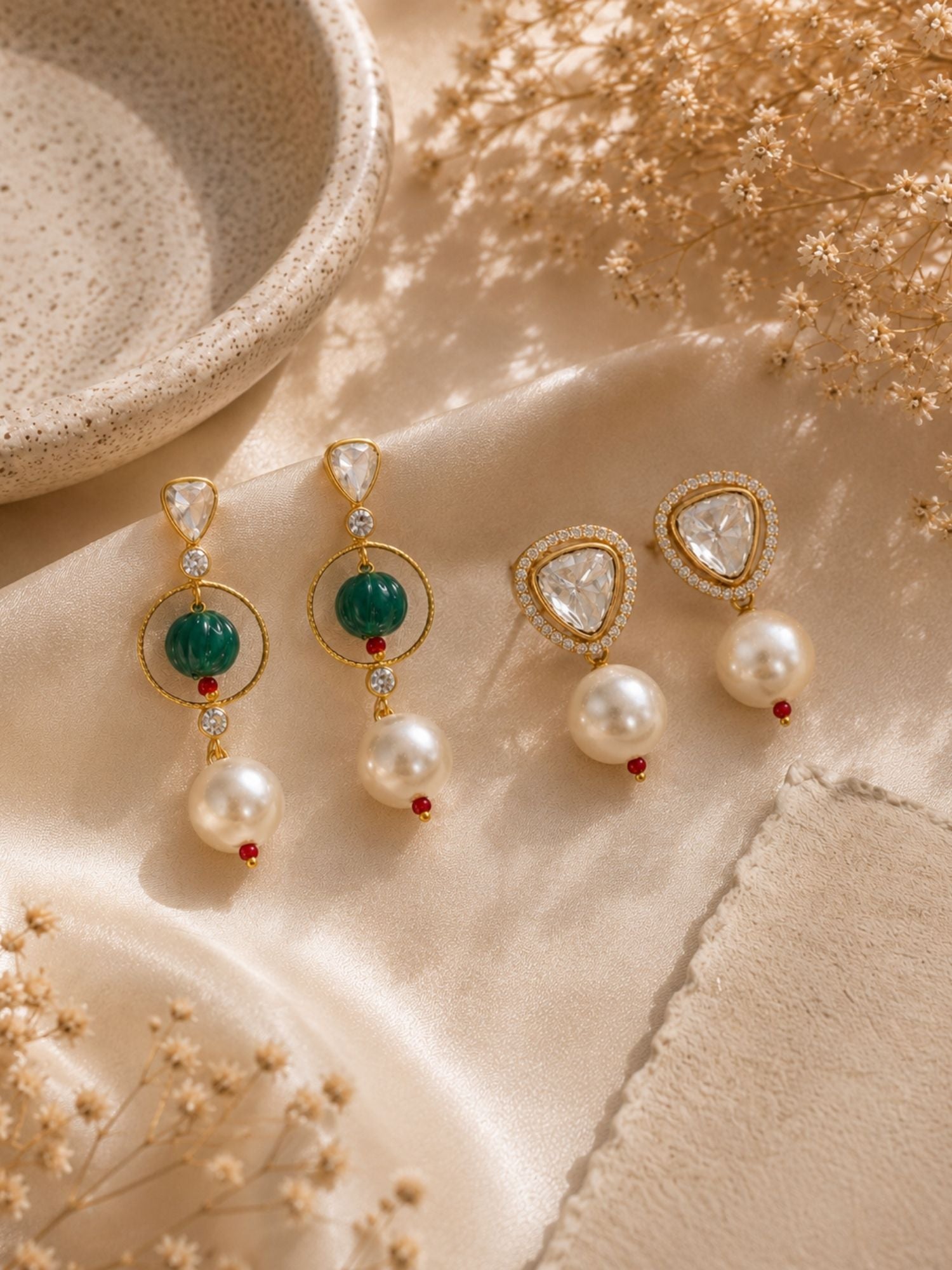 Combo Of Gold Plated Kundan Pearl & Green Bead Earrings
