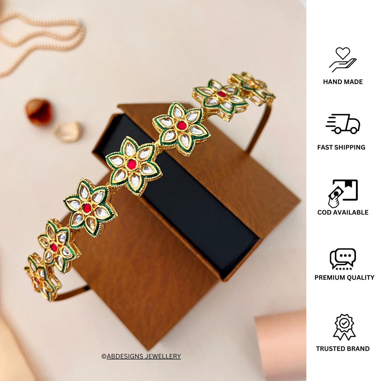 Gold Plated Floral Kundan Mathapatti Sheesh Phool Hairband - Abdesignsjewellery