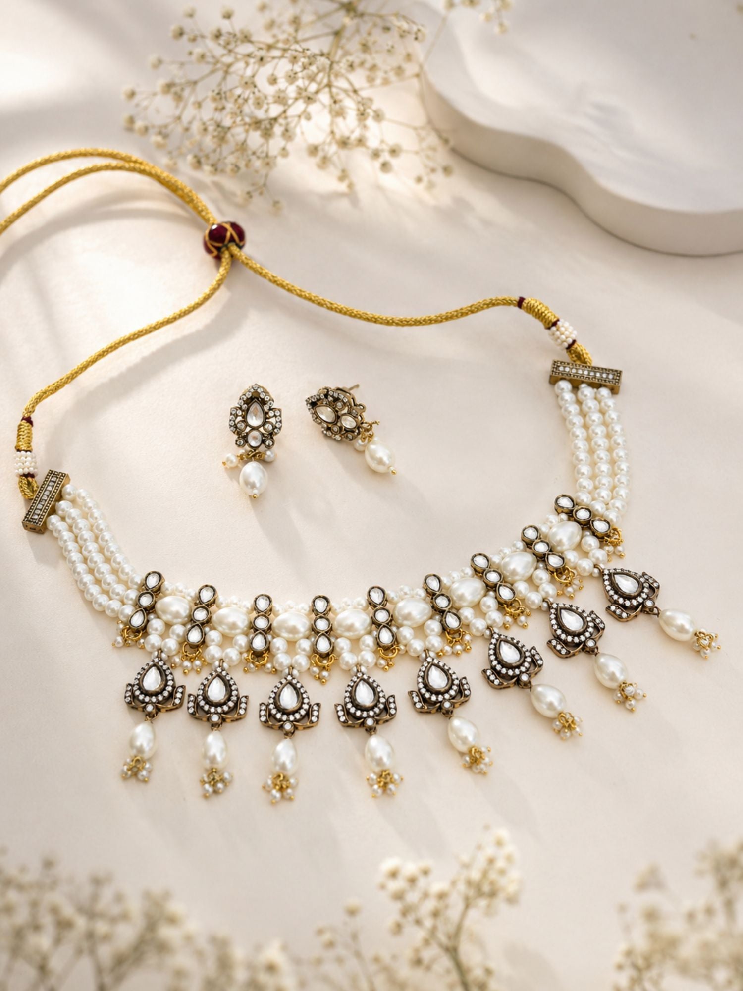 Pearl Kundan Choker Set in Antique Oxidsed Gold – Bridal | Abdesigns