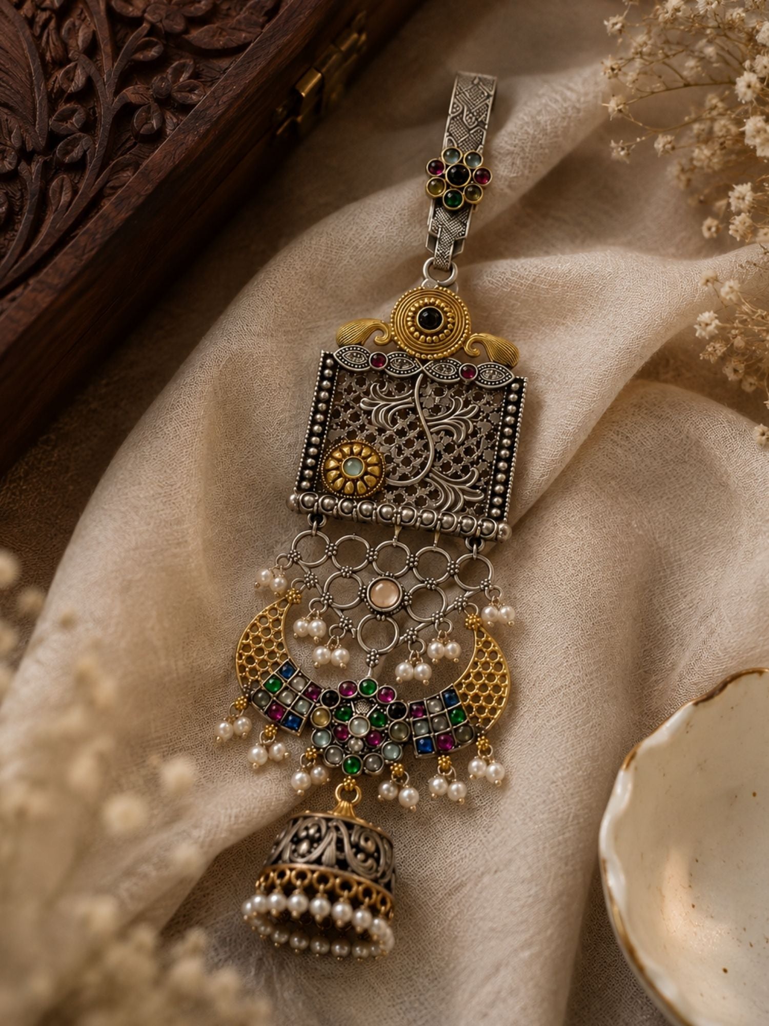 Dual Tone Jhumka Saree Juda Pin with Multicolour Stones & Pearls