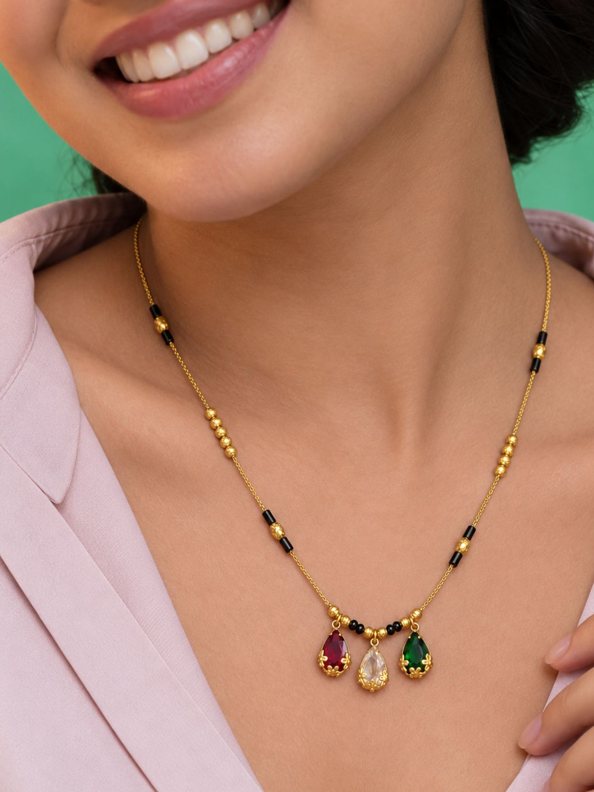 Gold Plated Multicolor Teardrop Black Bead Mangalsutra Necklace for Women