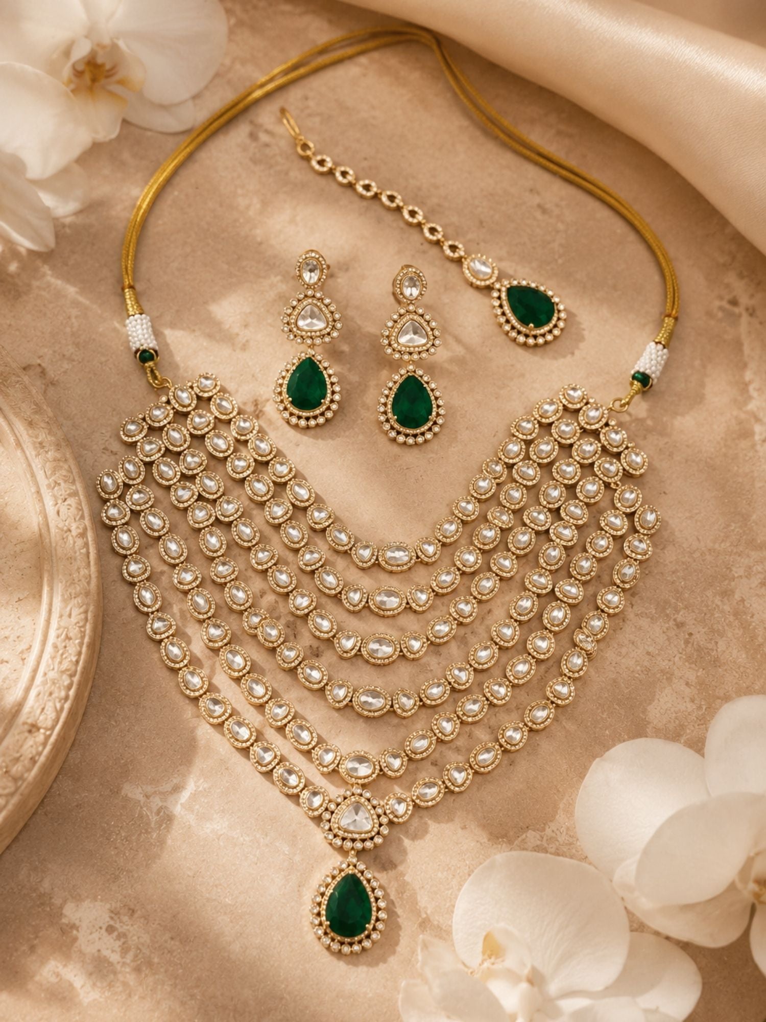Emerald Green Kundan Layered Necklace Set | Abdesigns