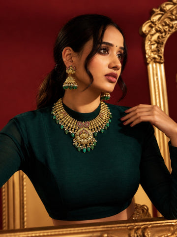 Antique Gold Temple Peacock Green Bead Necklace Set | Abdesigns