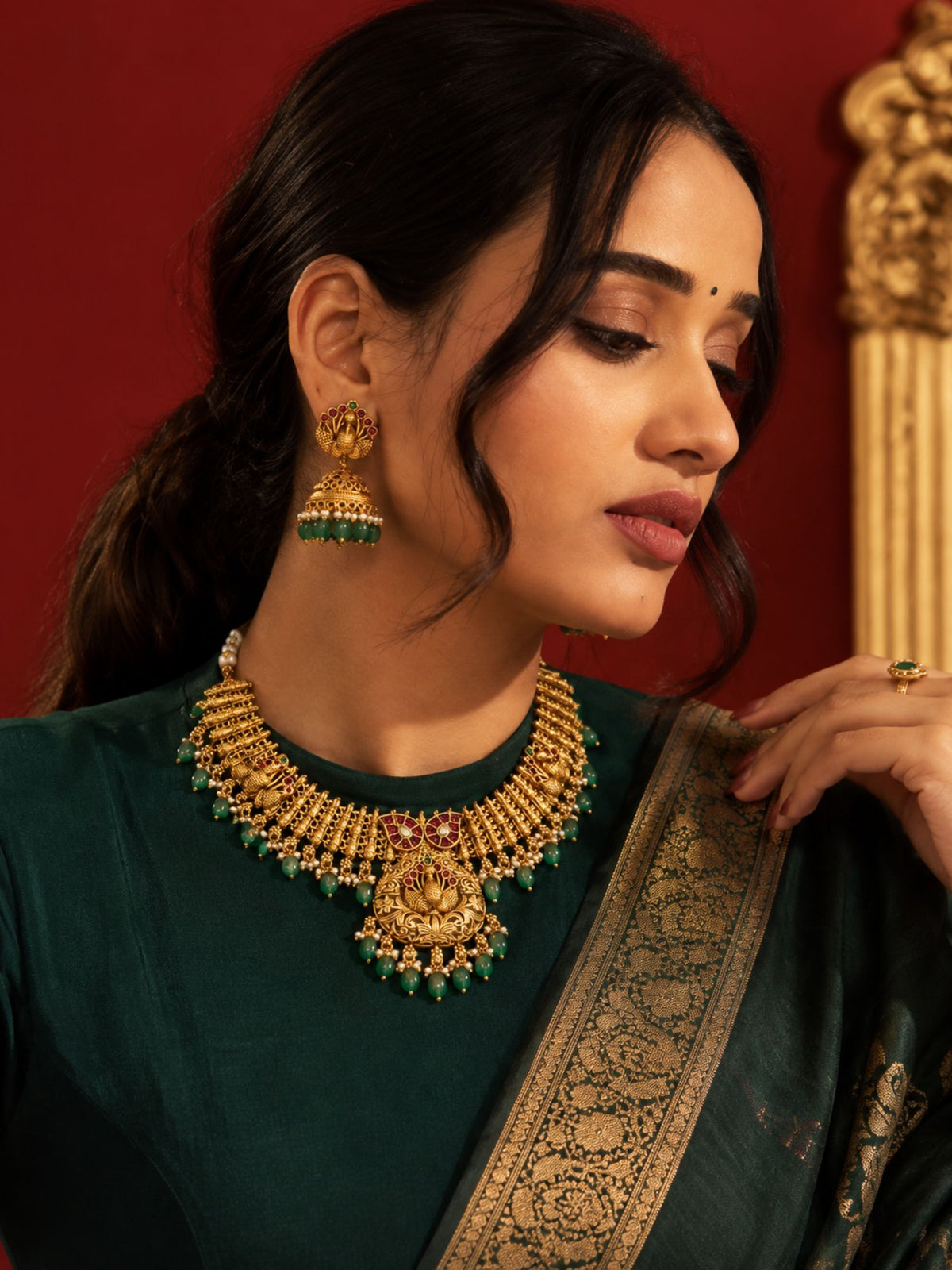 Antique Gold Temple Peacock Green Bead Necklace Set | Abdesigns