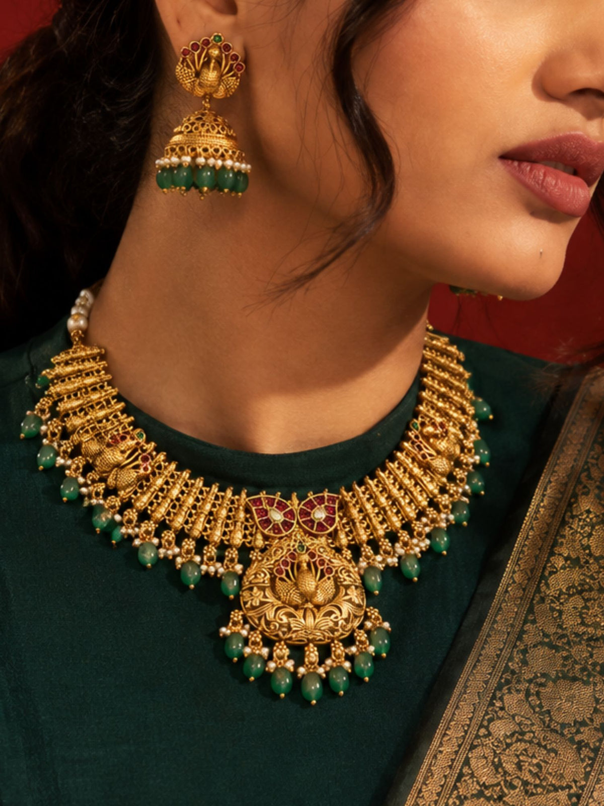 Antique Gold Temple Peacock Green Bead Necklace Set | Abdesigns