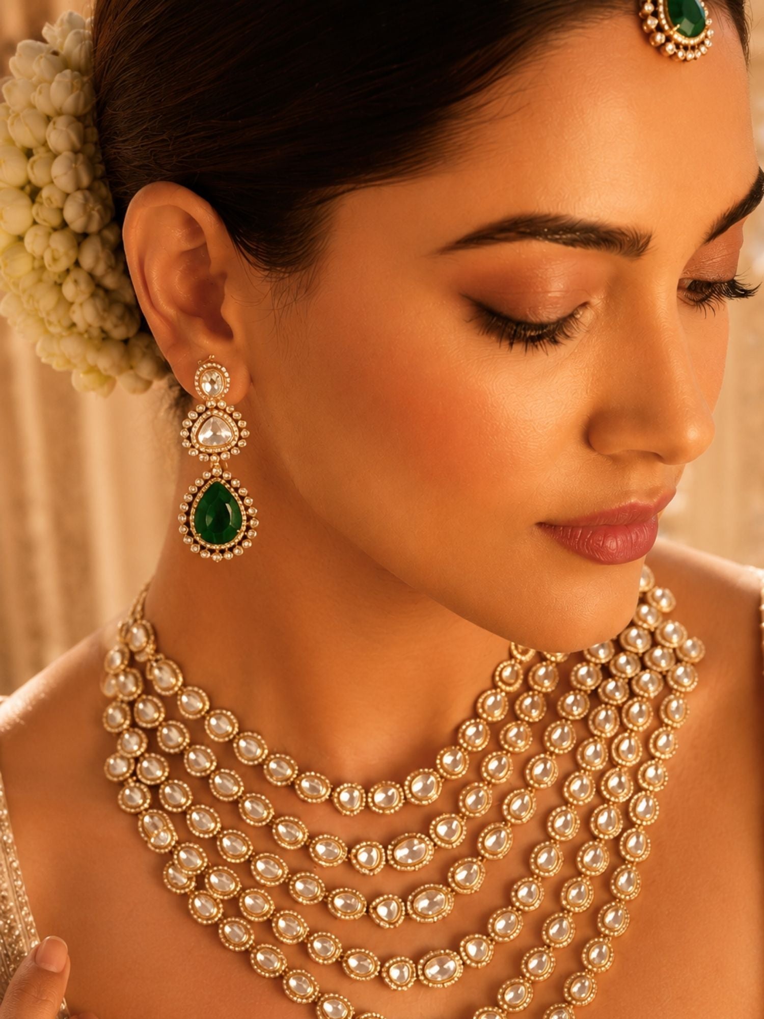 Emerald Green Kundan Layered Necklace Set | Abdesigns