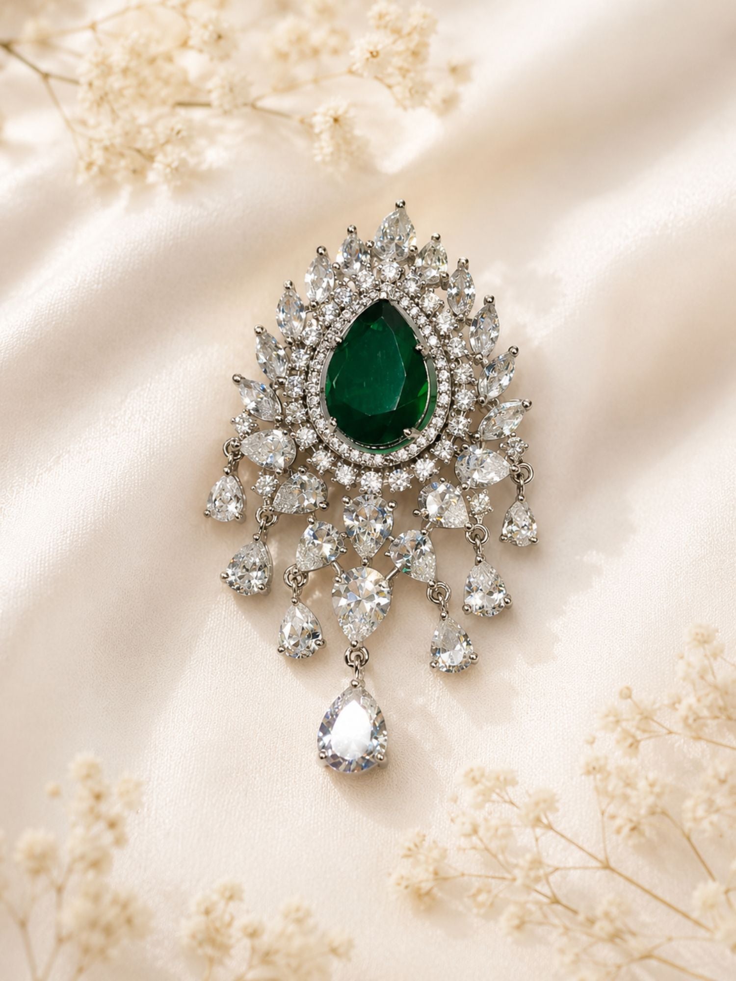 Unisex Emerald Green Stone AD Brooch Pin Silver Plated Statement | Abdesigns Jewellery