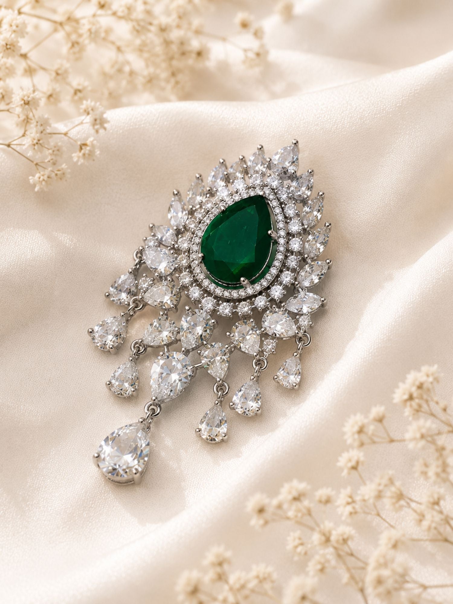 Unisex Emerald Green Stone AD Brooch Pin Silver Plated Statement | Abdesigns Jewellery