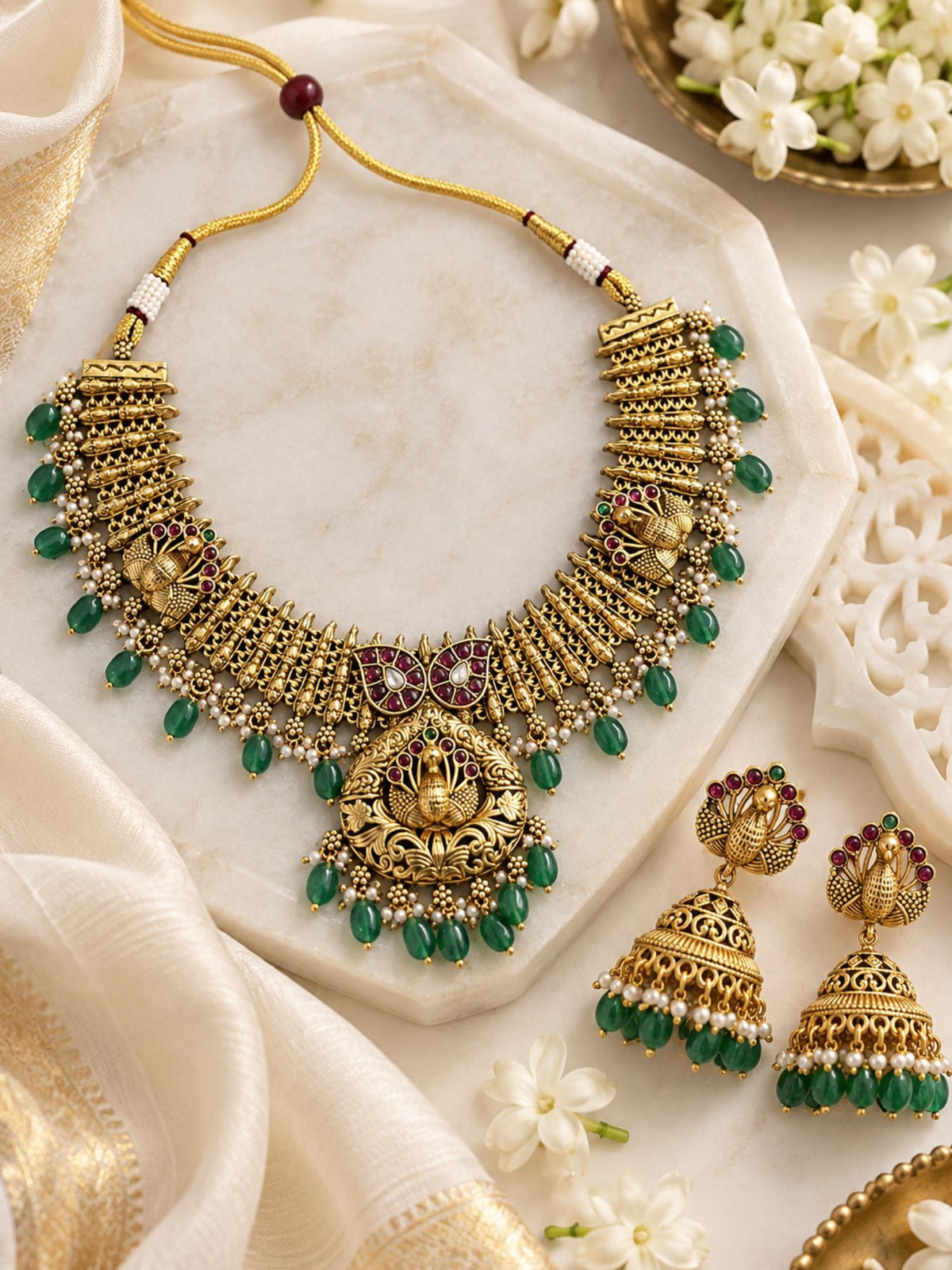 Antique Gold Temple Peacock Green Bead Necklace Set | Abdesigns