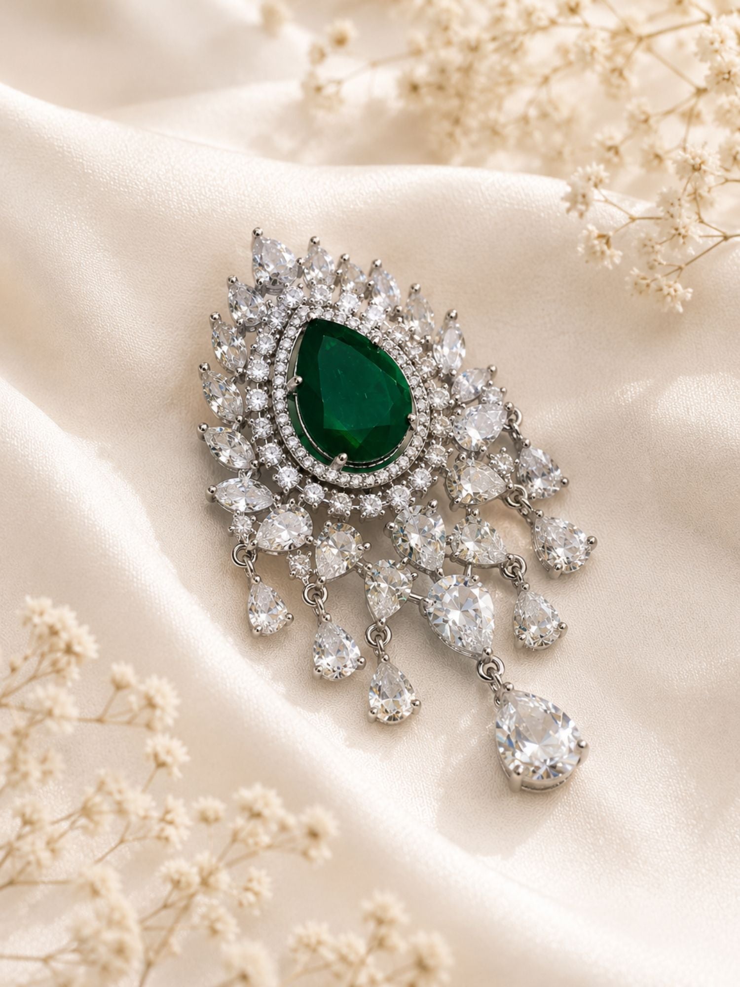 Unisex Emerald Green Stone AD Brooch Pin Silver Plated Statement | Abdesigns Jewellery