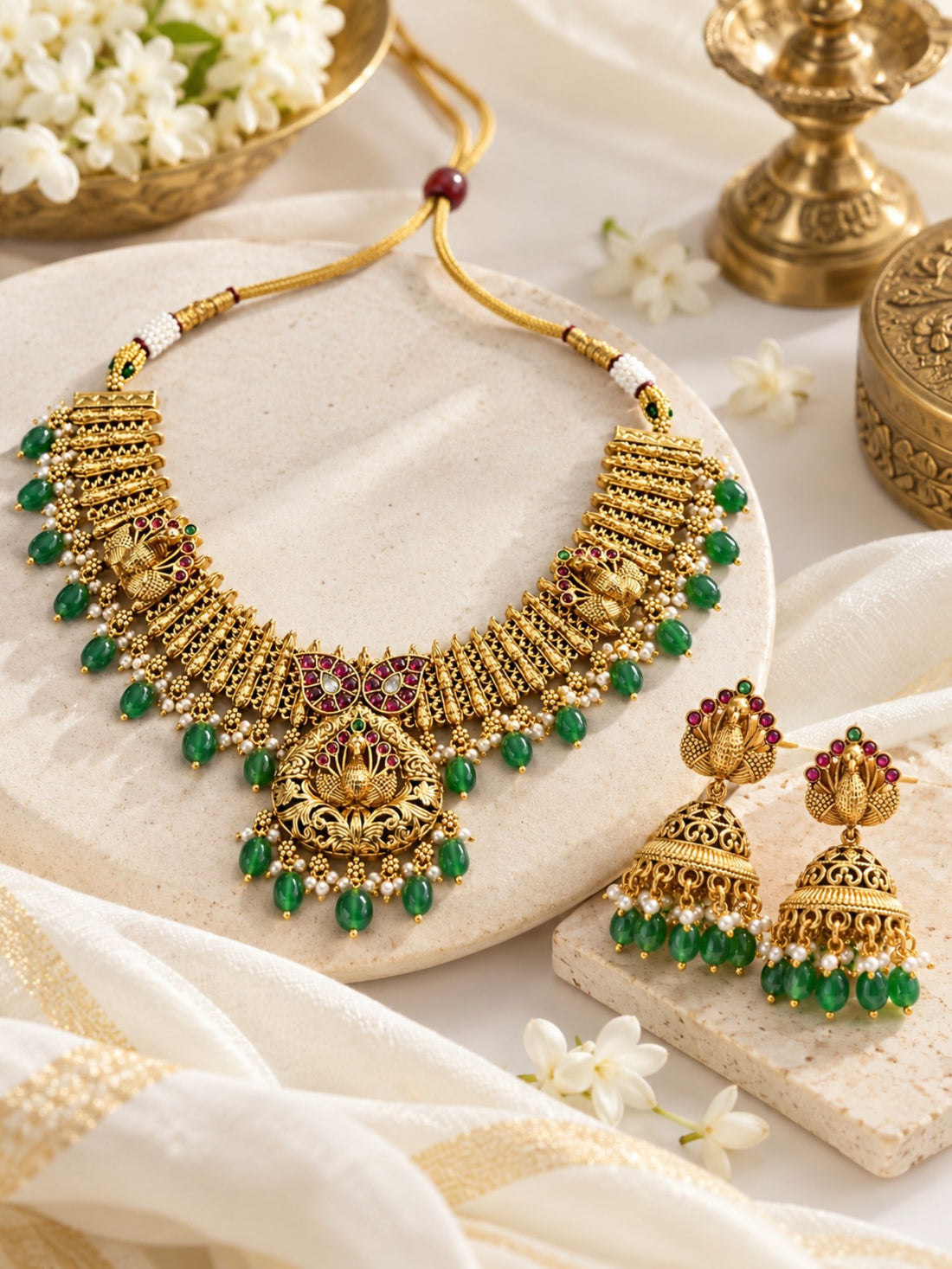 Antique Gold Temple Peacock Green Bead Necklace Set | Abdesigns