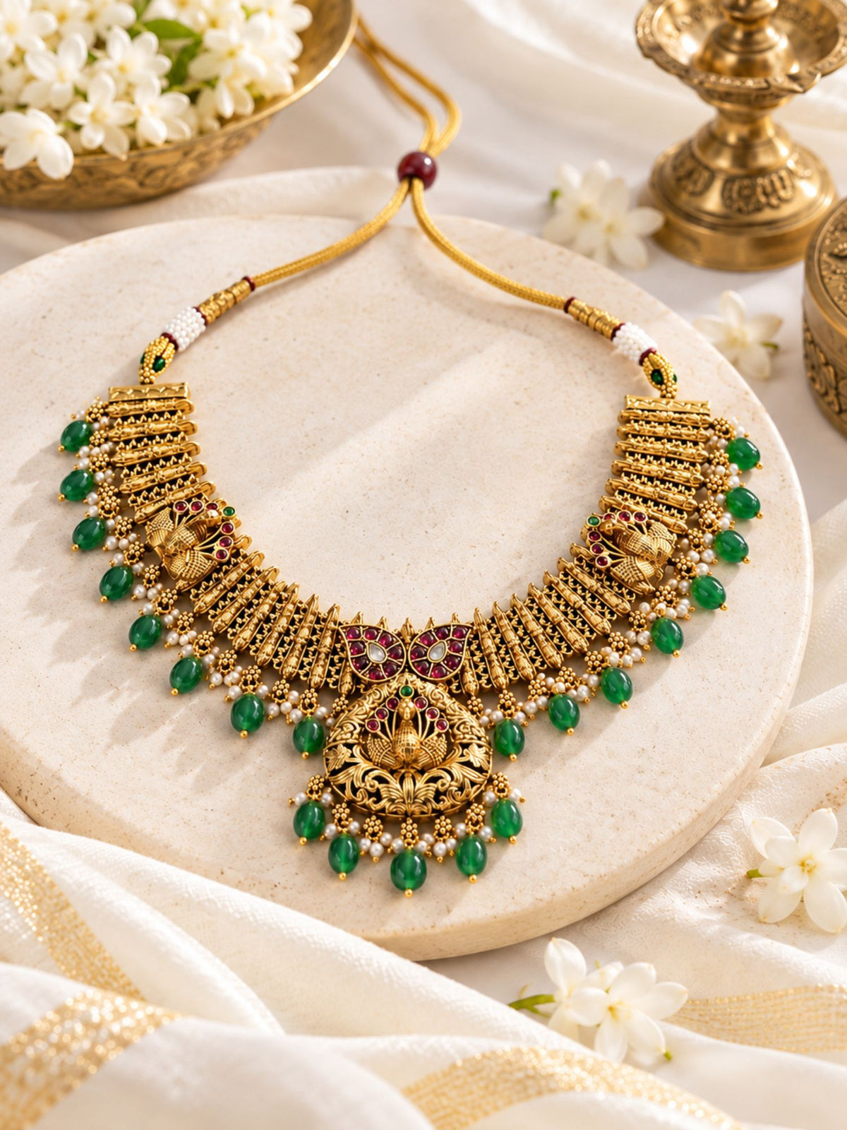Antique Gold Temple Peacock Green Bead Necklace Set | Abdesigns