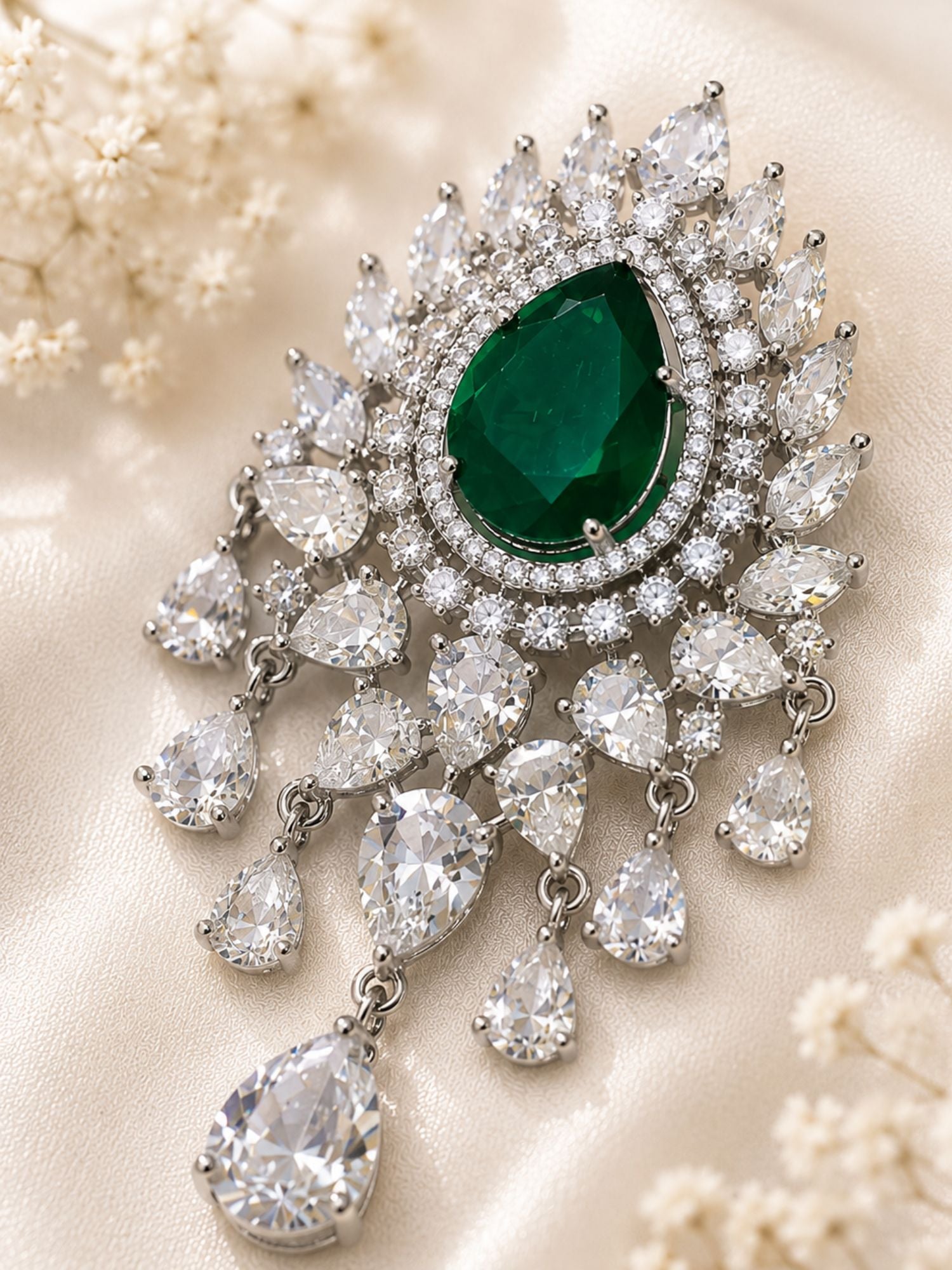 Unisex Emerald Green Stone AD Brooch Pin Silver Plated Statement | Abdesigns Jewellery