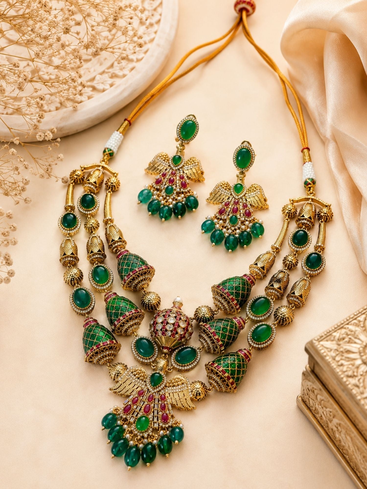 Green Stone Temple Necklace Set | Abdesigns