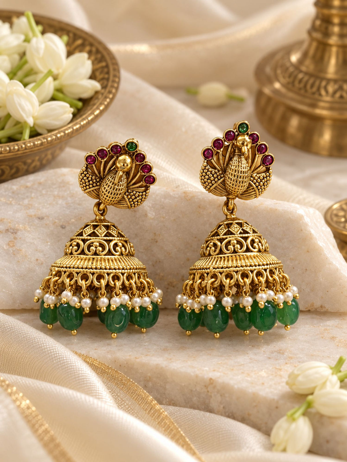 Antique Gold Temple Peacock Green Bead Necklace Set | Abdesigns