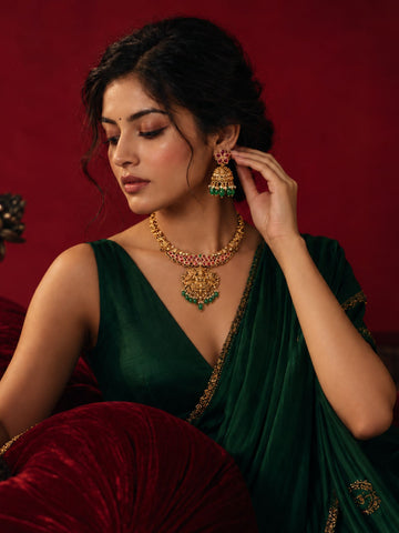 Antique Gold Plated Temple Lakshmi Ruby Green Bead Necklace Set | Abdesigns Jewellery