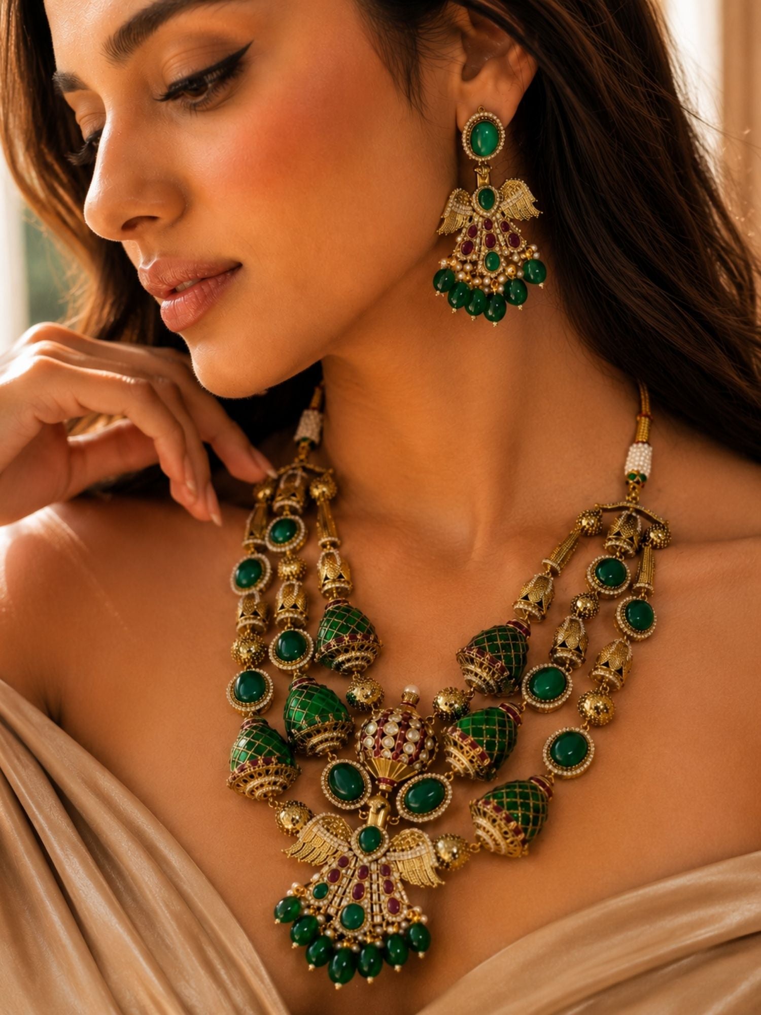 Green Stone Temple Necklace Set | Abdesigns