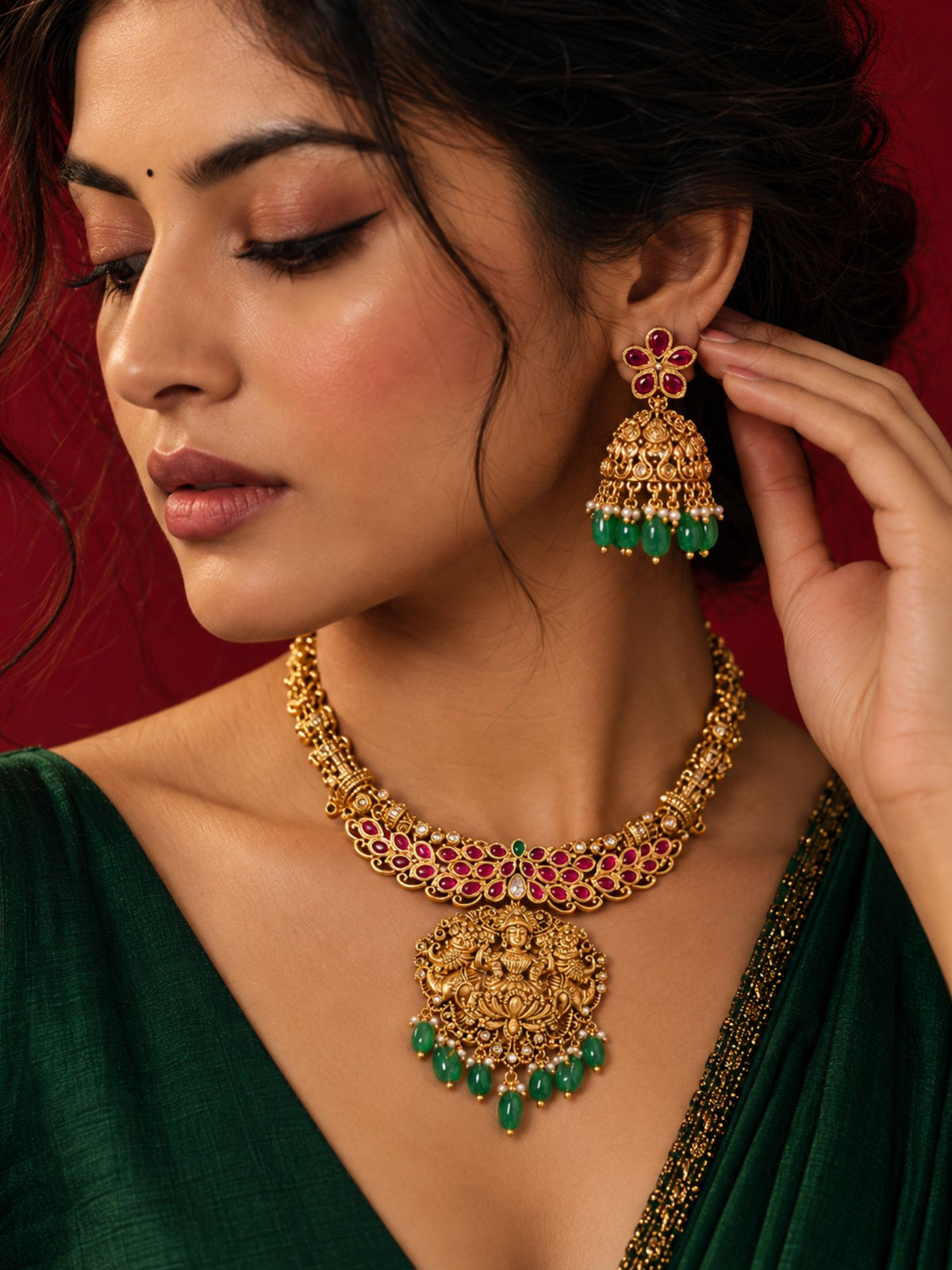 Antique Gold Plated Temple Lakshmi Ruby Green Bead Necklace Set | Abdesigns Jewellery