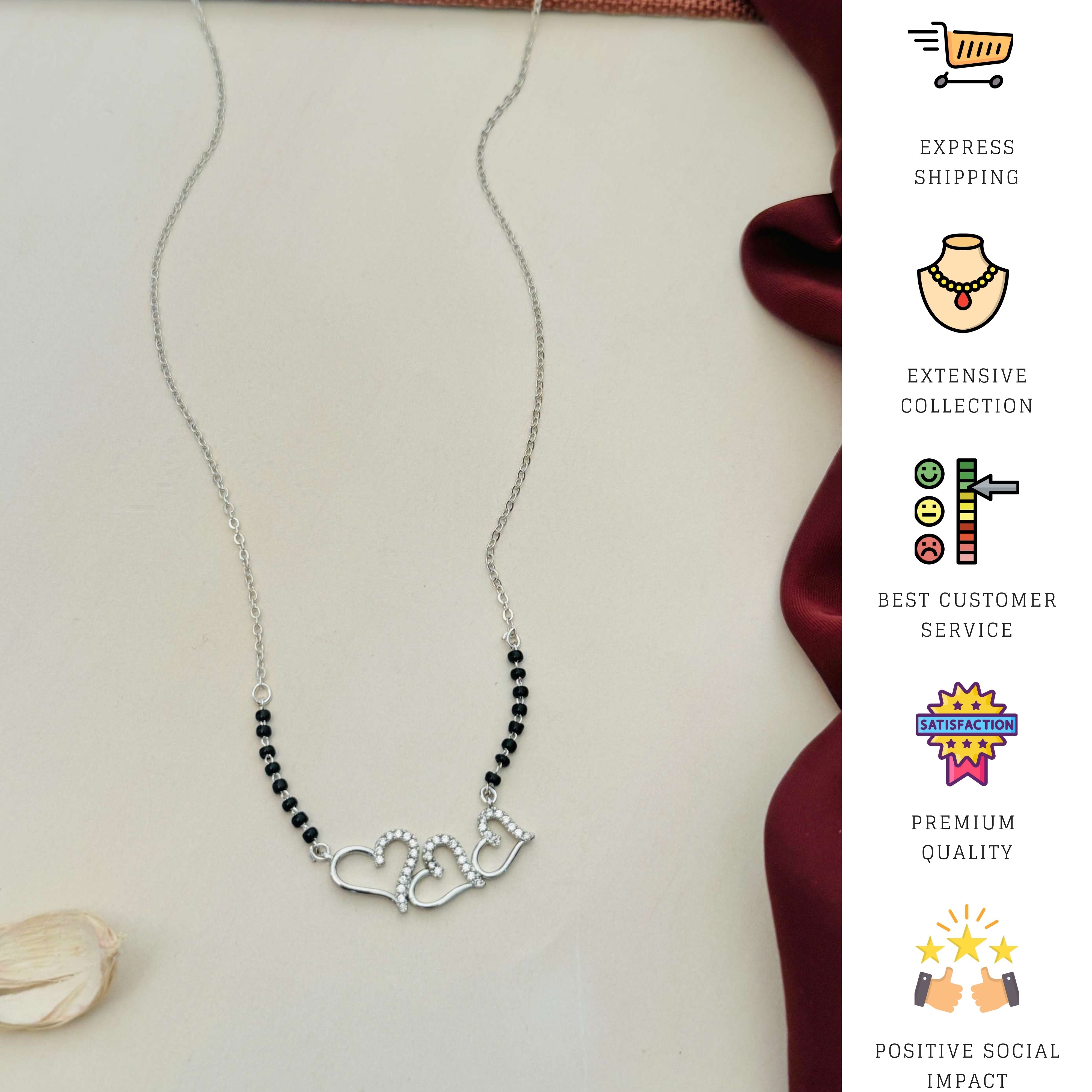 Triple Heart Silver Plated American Diamond Mangalsutra