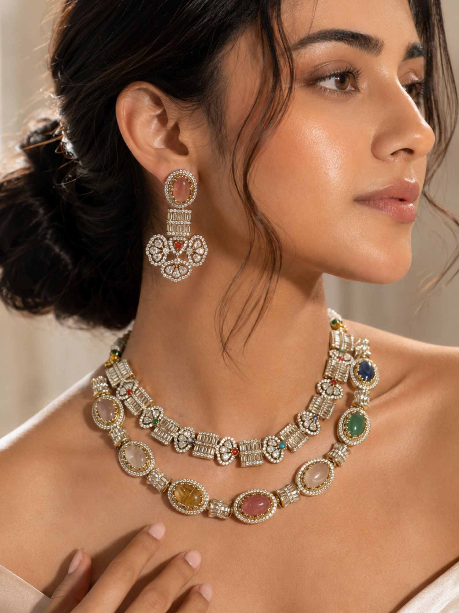 Navratna Layered Necklace Set in Gold Plating – Festive Wear | Abdesigns