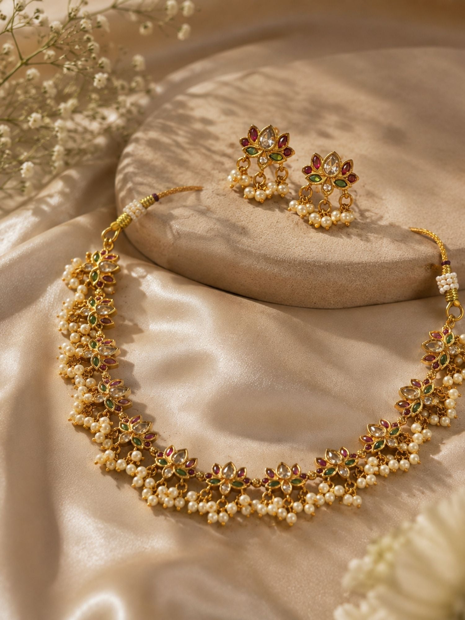 Abdesigns Gold Plated Kempstone Lotus Necklace Set
