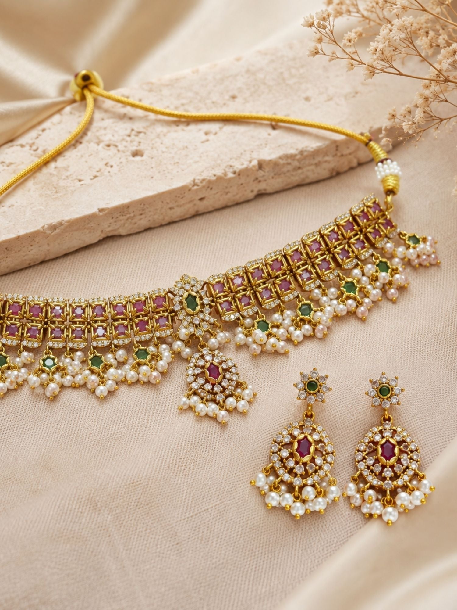 Antique Gold Plated Pink & Green Kundan Pearl Choker Necklace Set with Earrings