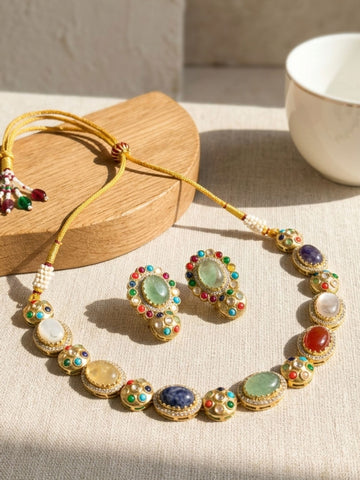Abdesigns Navratna Kundan Necklace Set with Earrings