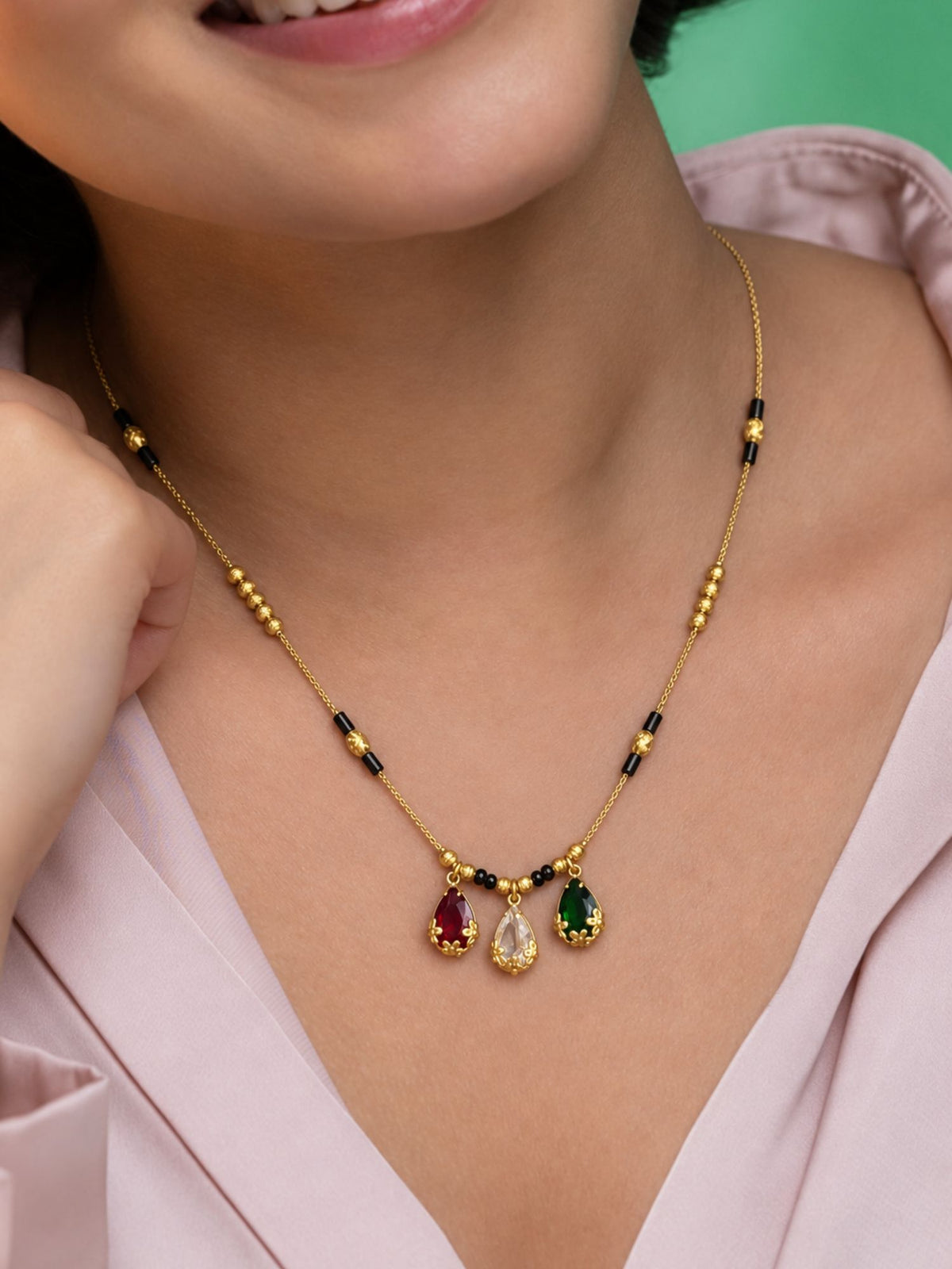 Gold Plated Multicolor Teardrop Black Bead Mangalsutra Necklace for Women
