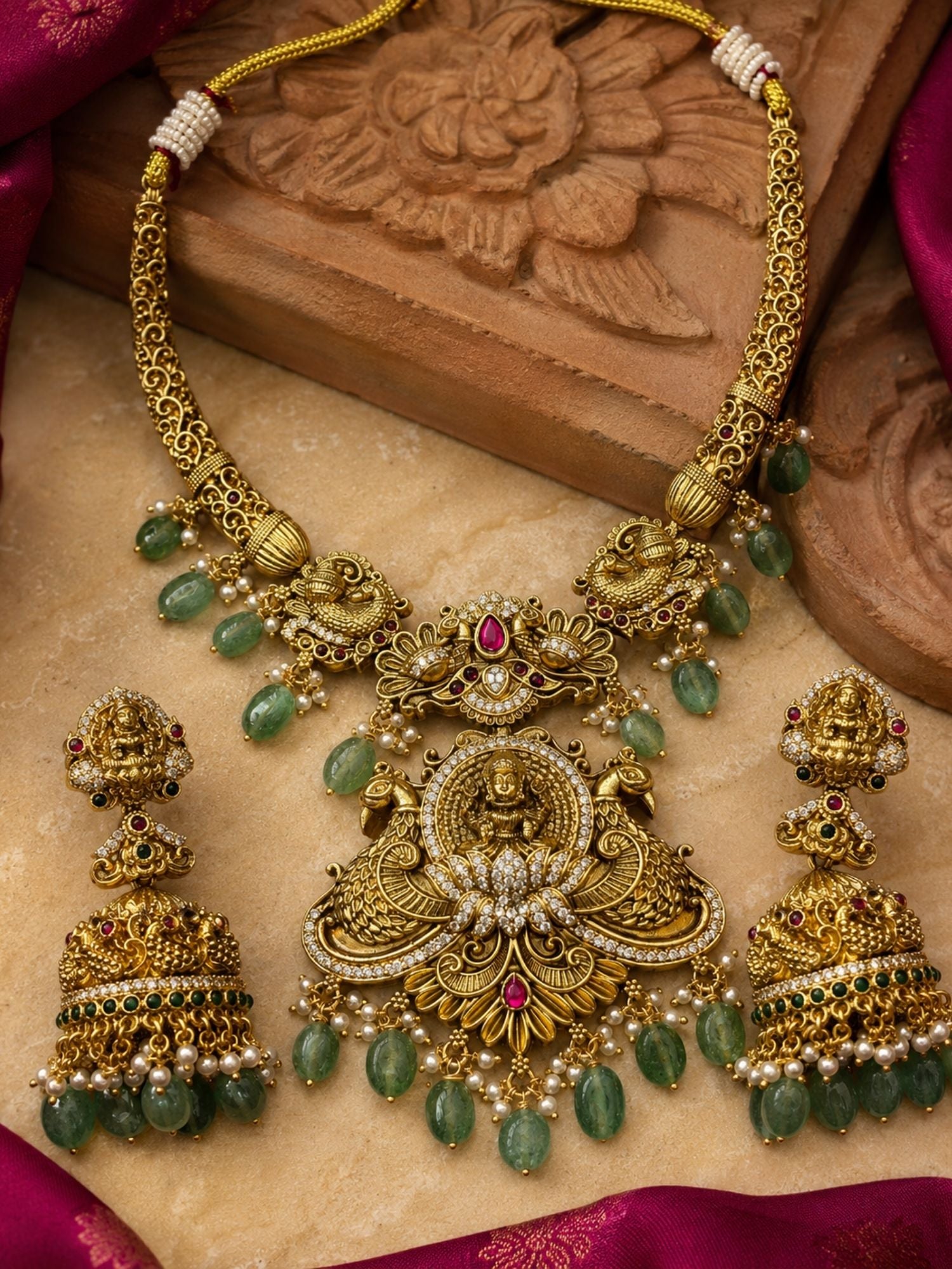 Abdesigns Temple Heritage Gold Necklace Set with Green Bead Drops