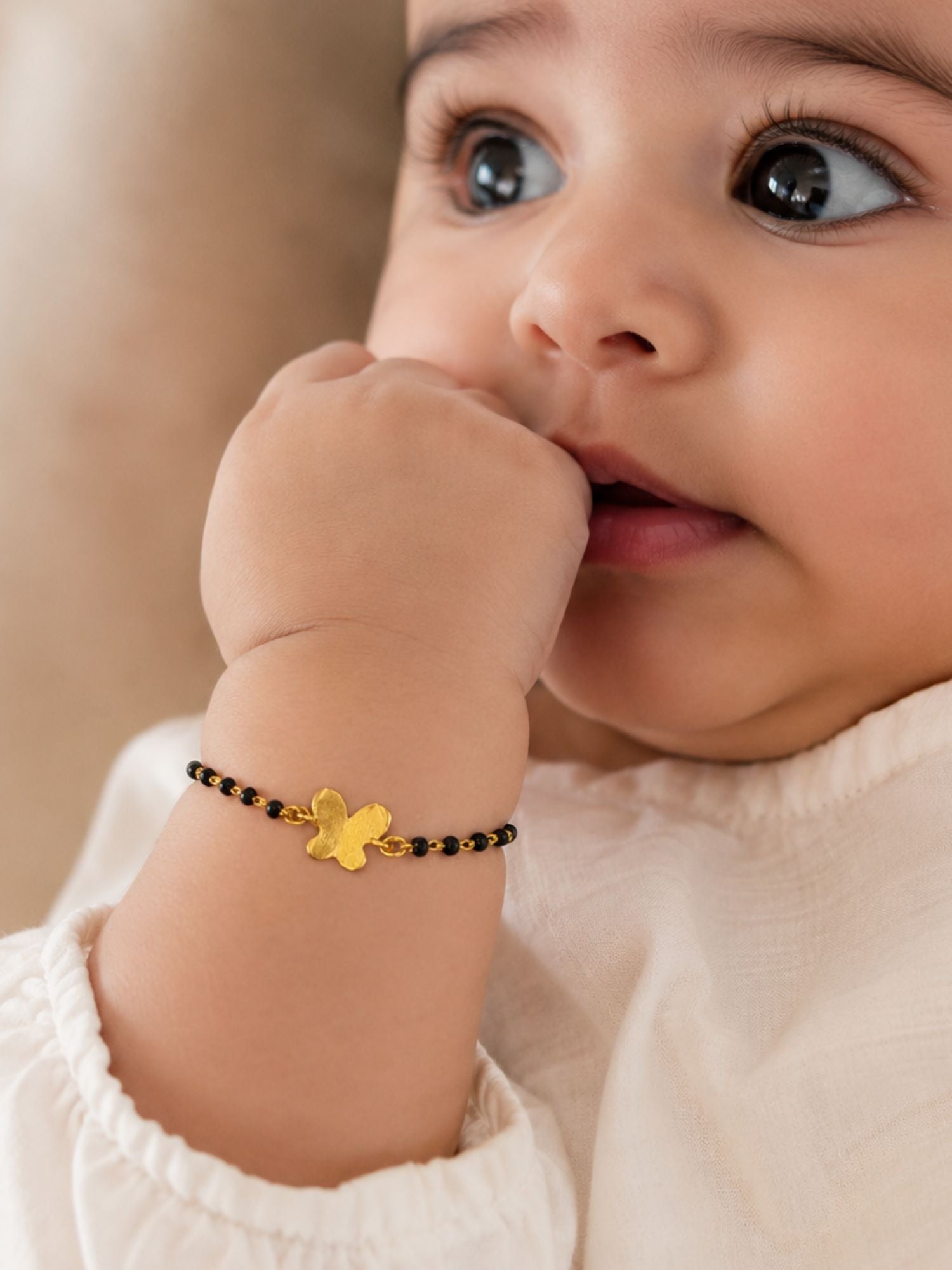 925 Sterling Silver Gold Plated Kids Black Bead Bracelet with Charms