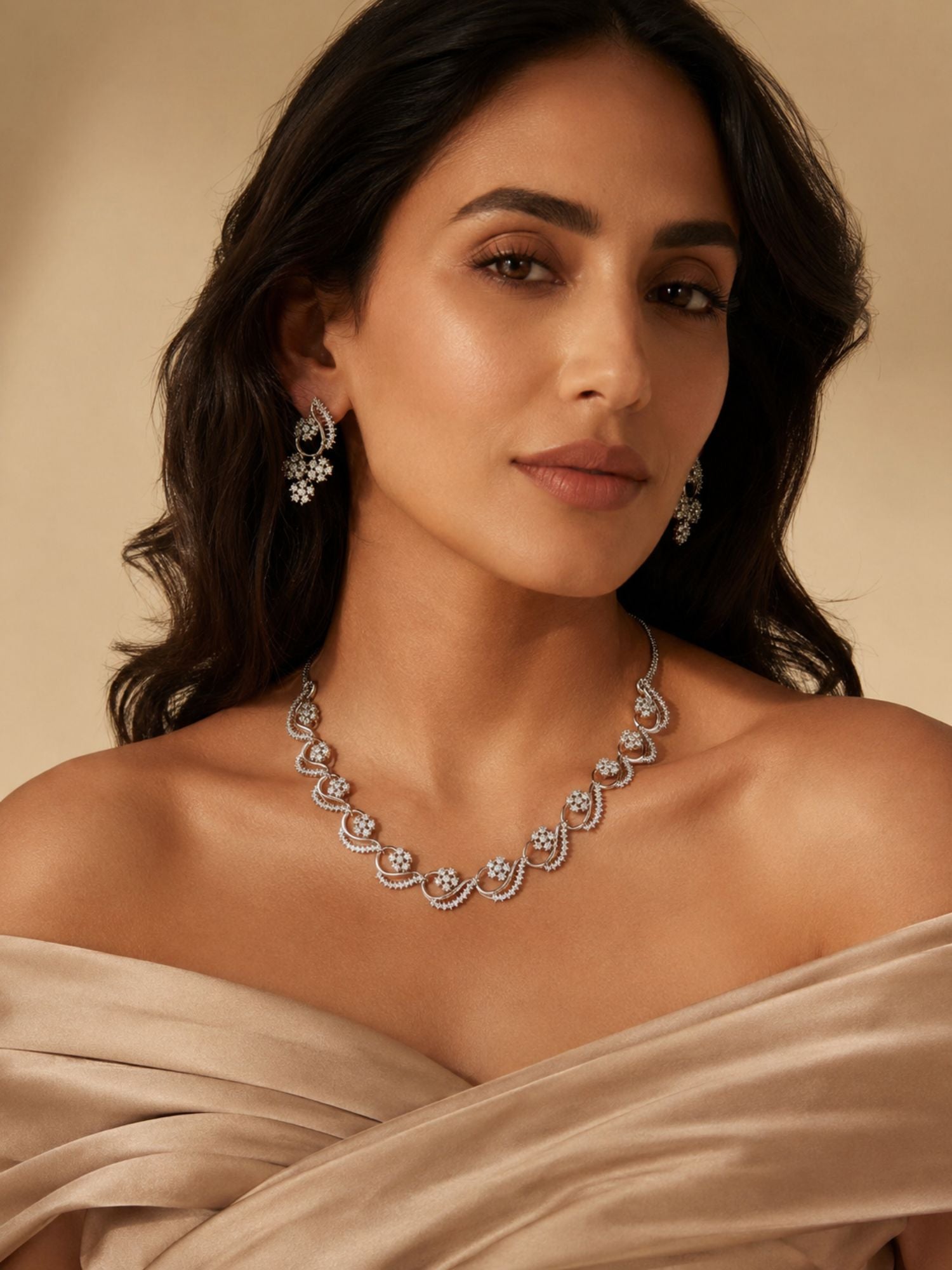 Floral American Diamond Necklace Set with Earrings – Gold, Rose Gold & Silver Plated | Abdesigns