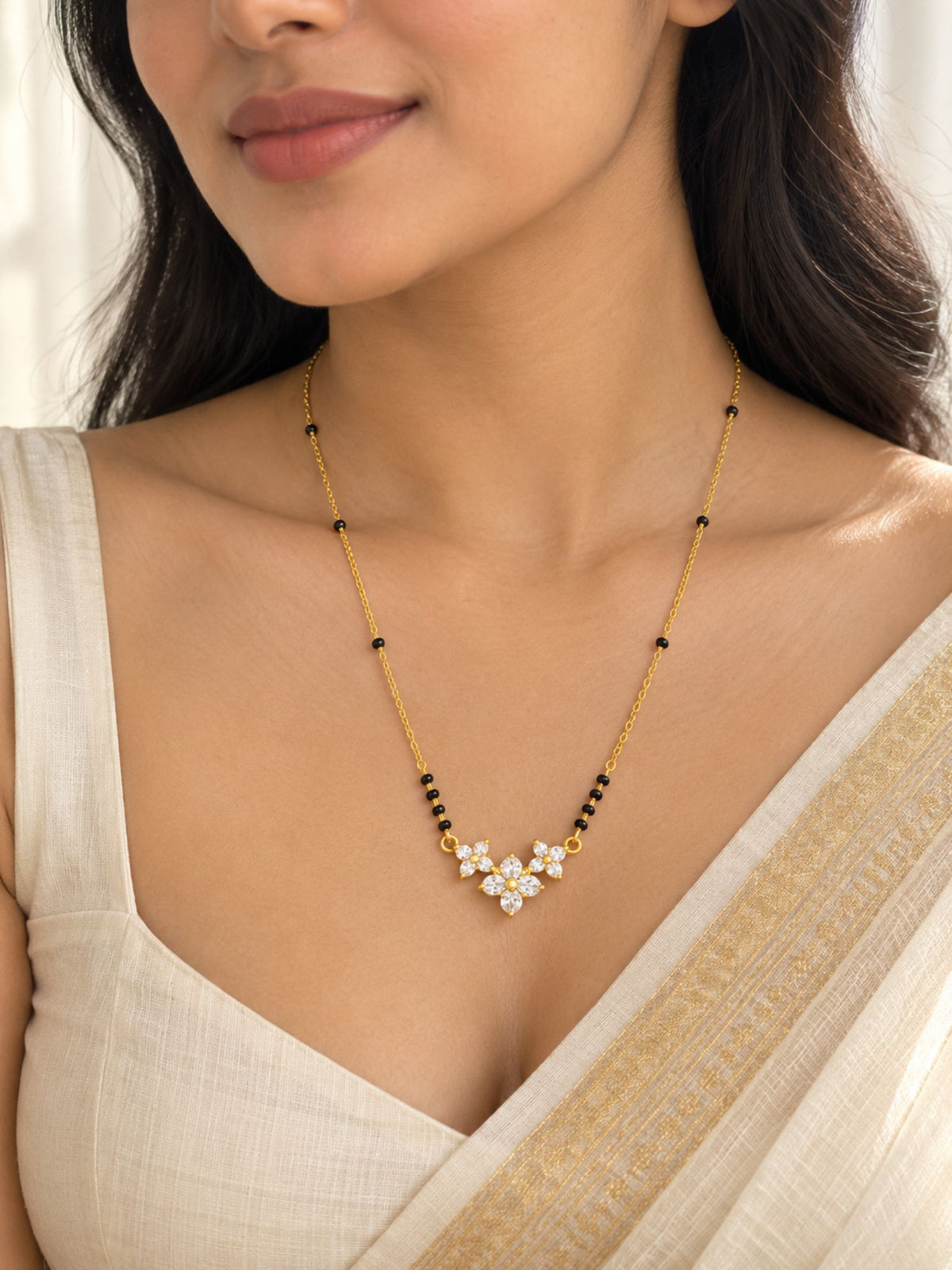 Set of 4 Gold Plated AD Stone Black Bead Mangalsutra Necklaces with Earrings for Women