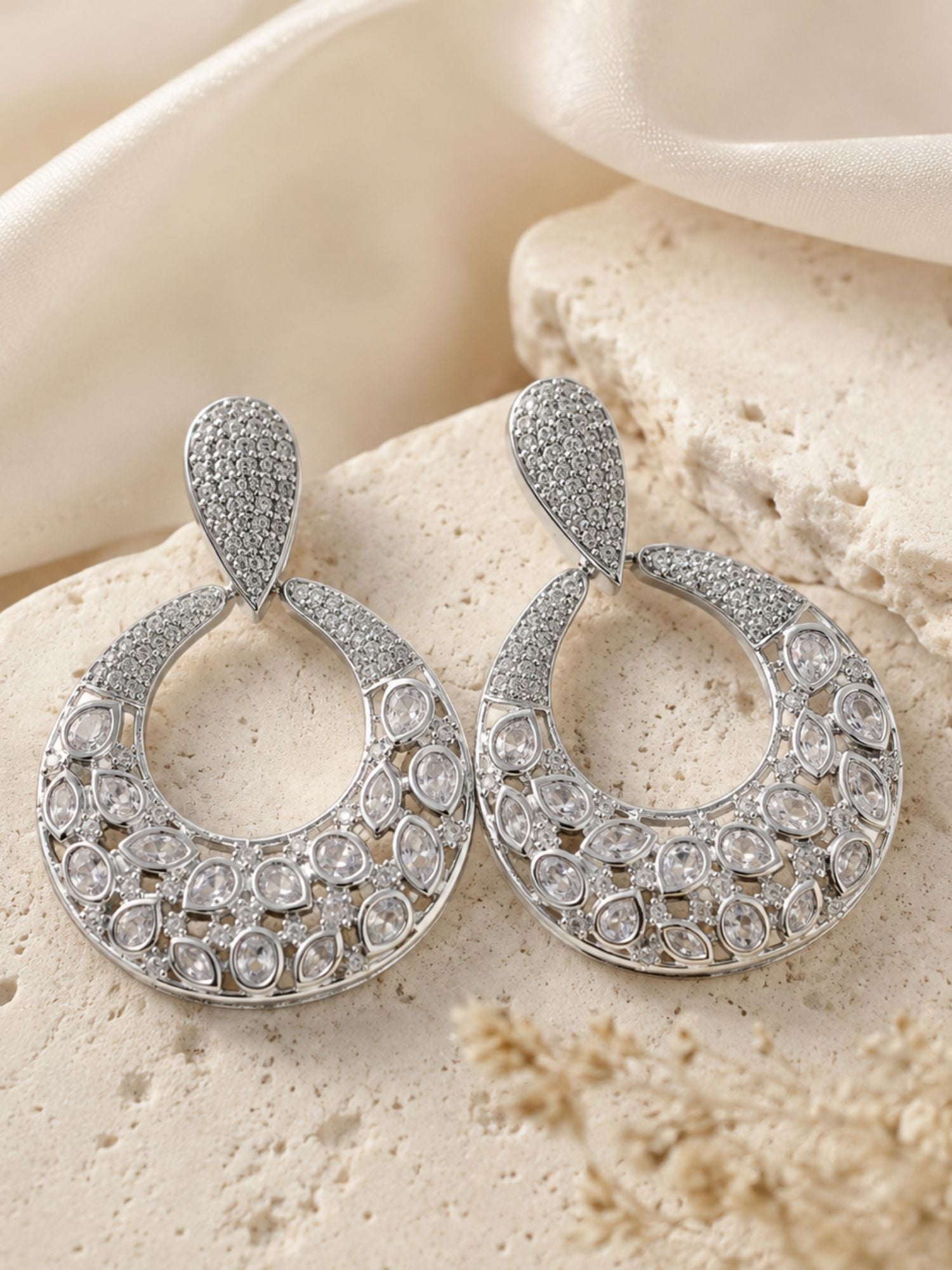 Silver Plated Kundan Crescent Statement Earrings for Women