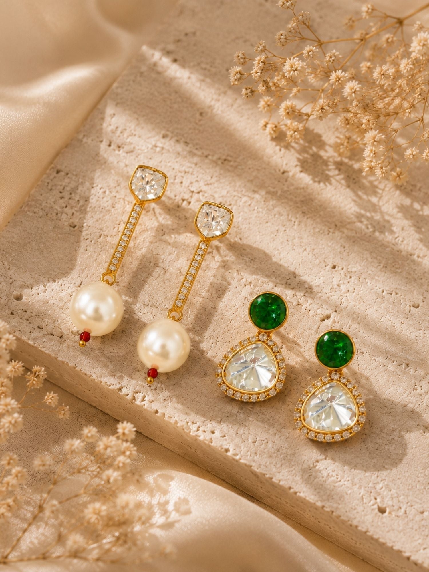 Combo Of Gold Plated Kundan Pearl & Green Stone Earrings