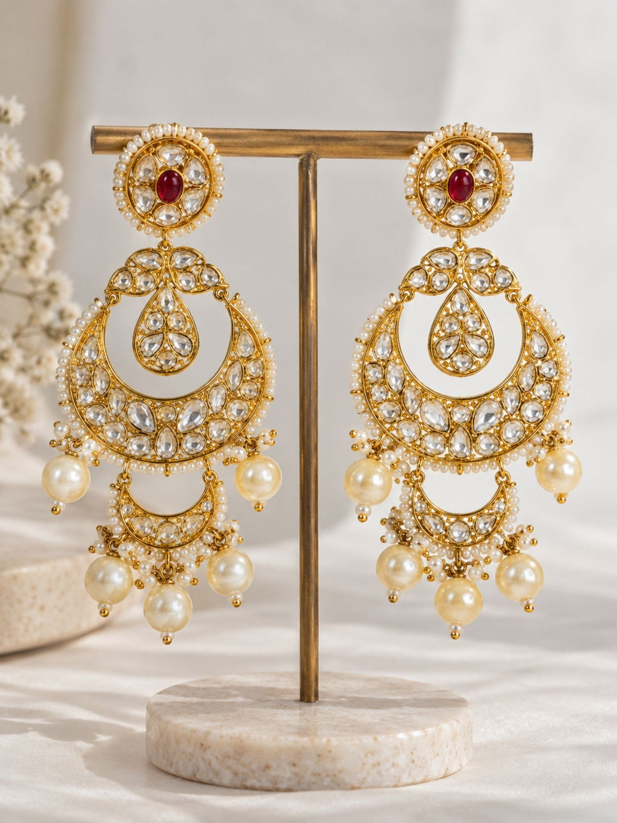 Kundan Polki Pearl Chandbali Earrings Gold Plated | Abdesigns