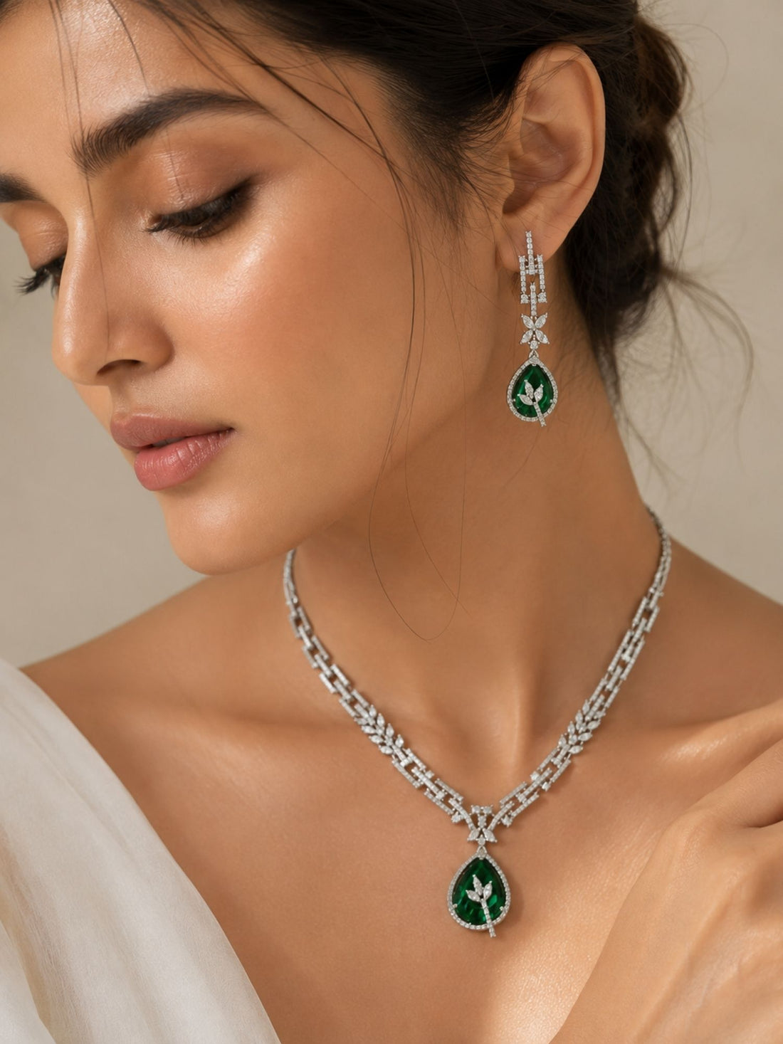 Silver Tone Floral Ruby Necklace Set Elegant Glam | Abdesigns