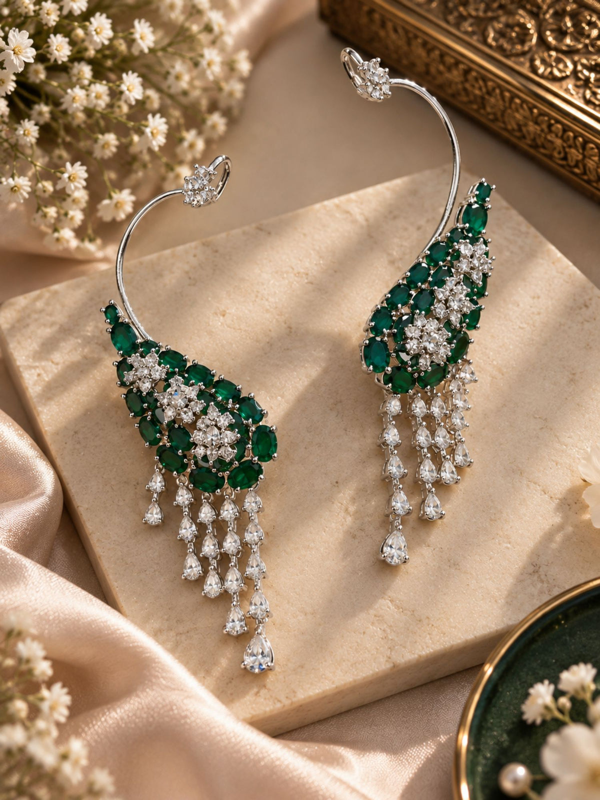 Silver Plated AD Stone Floral Statement Ear Cuff Earrings for Women