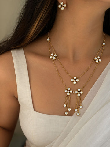 Gold Plated Kundan Floral Layered Necklace Set with Tassel Drops & Earrings for Women