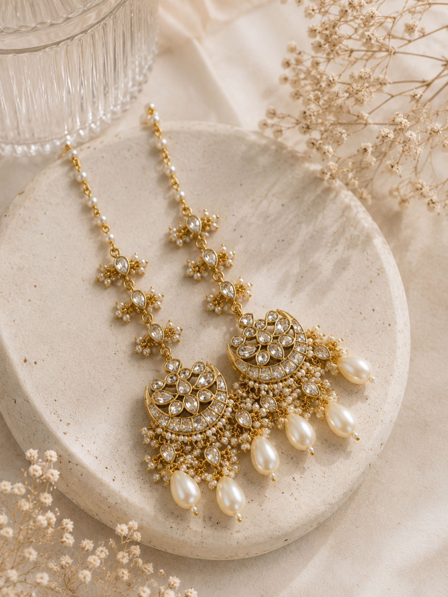 Abdesigns Pachi Kundan Pearl Ear Cuff Chandbali Earrings for Women