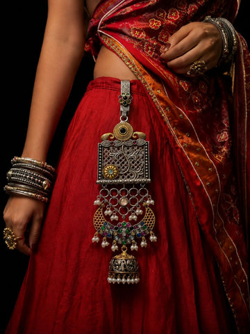 Dual Tone Jhumka Saree Juda Pin with Multicolour Stones & Pearls