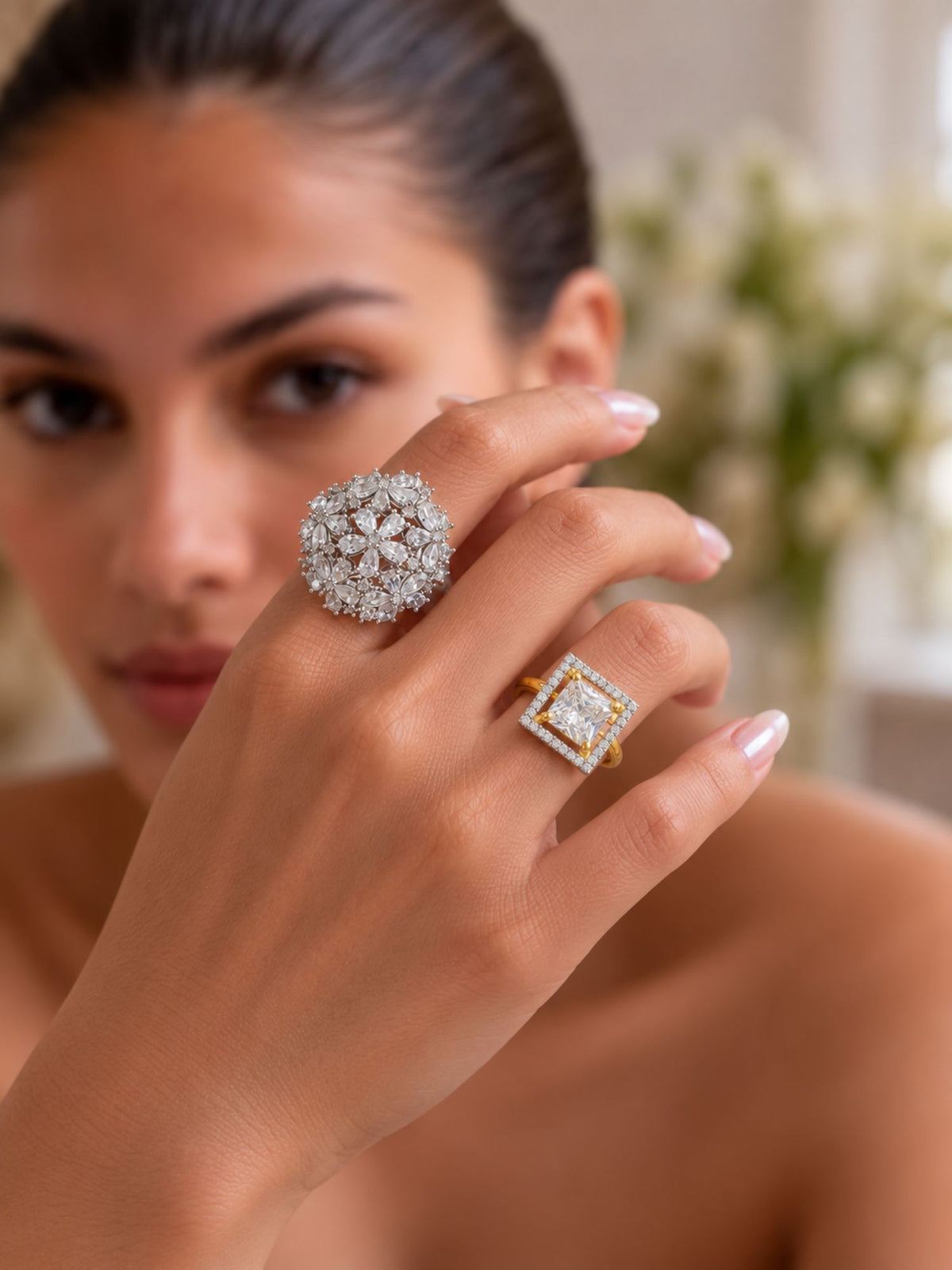 Set of 2 Dual Tone Silver & Gold Plated AD Stone Floral & Square Statement Rings for Women