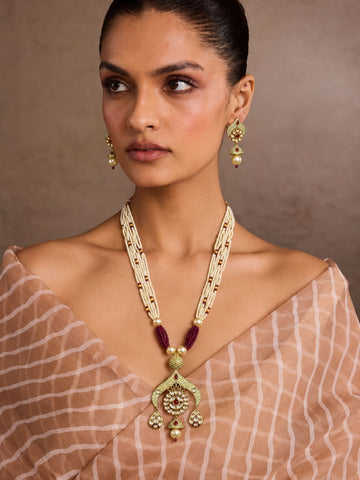 Meenakari Kundan Pearl Long Mala Necklace Set in Green & Pink