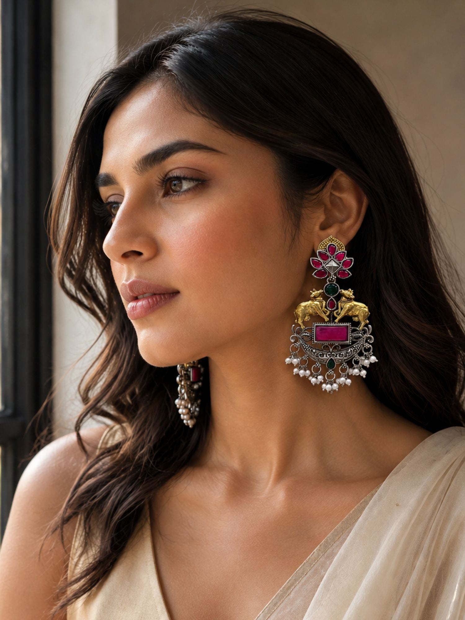 Set of 4 Oxidised Silver Statement Earrings for Women