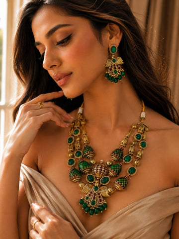 Green Stone Temple Necklace Set | Abdesigns