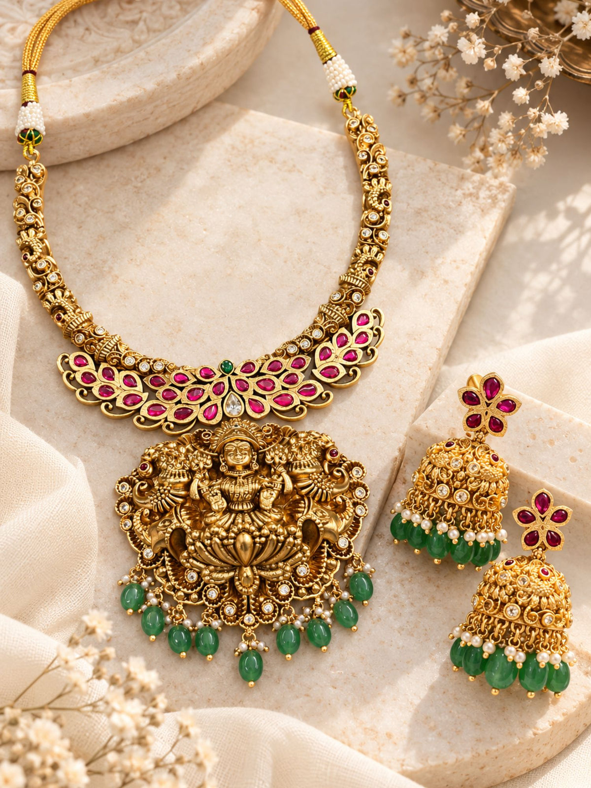 Antique Gold Plated Temple Lakshmi Ruby Green Bead Necklace Set | Abdesigns Jewellery