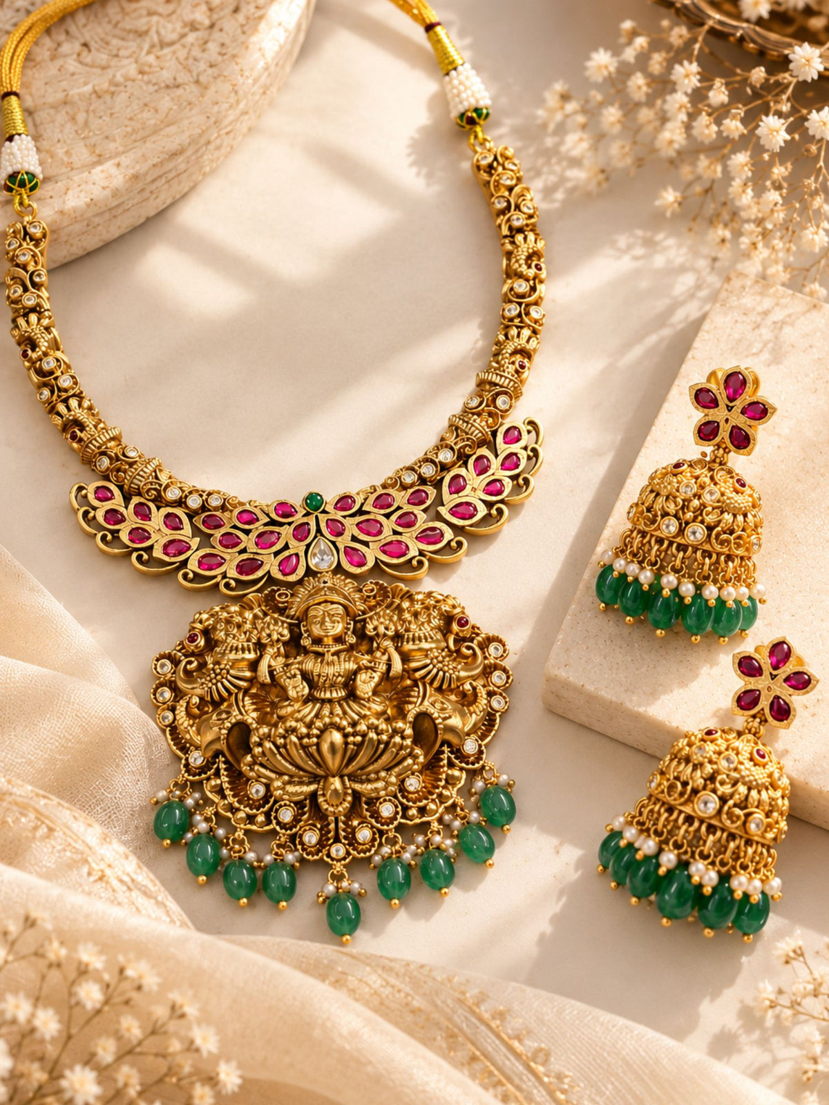 Antique Gold Plated Temple Lakshmi Ruby Green Bead Necklace Set | Abdesigns Jewellery
