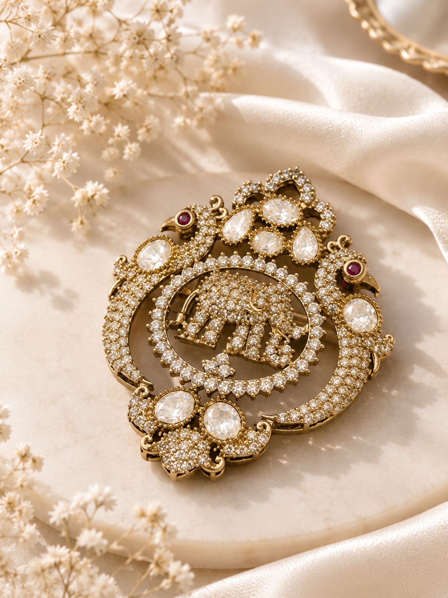 Unisex Elephant Peacock Mehandi Plated Broocn Pin | Abdesigns Jewellery