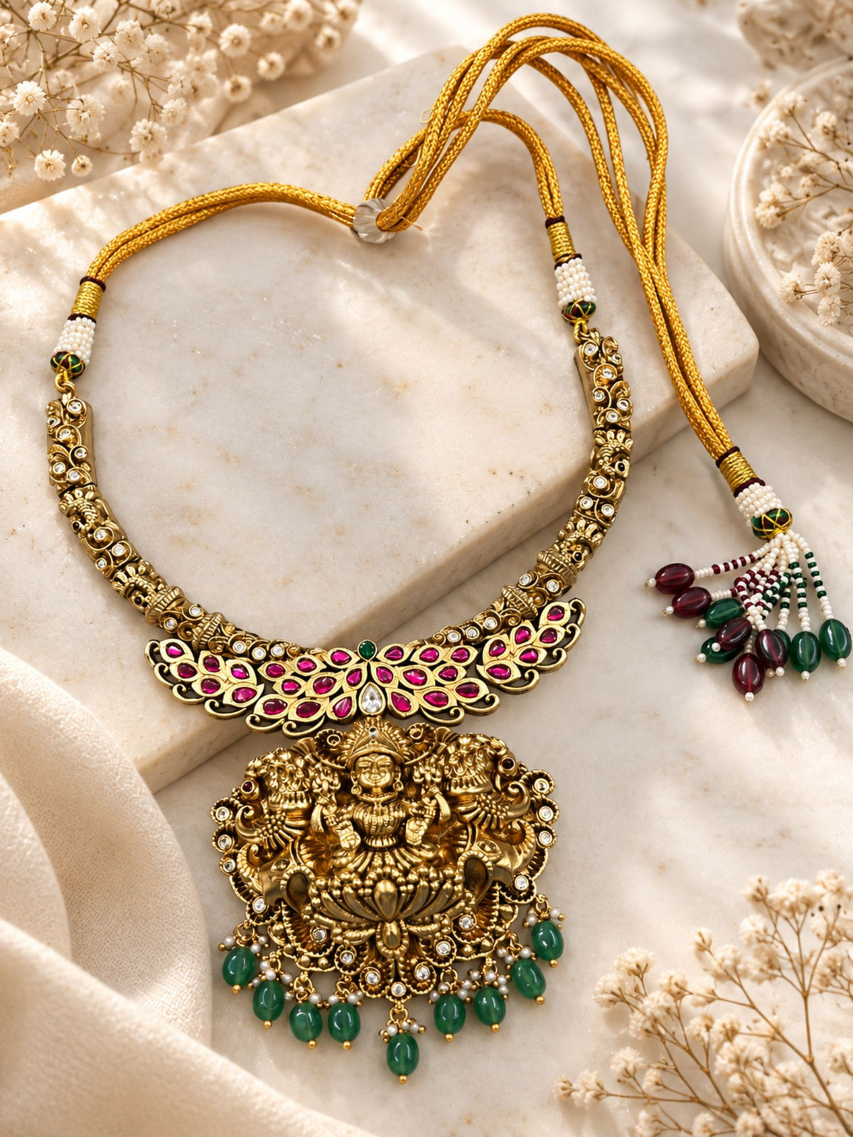 Antique Gold Plated Temple Lakshmi Ruby Green Bead Necklace Set | Abdesigns Jewellery