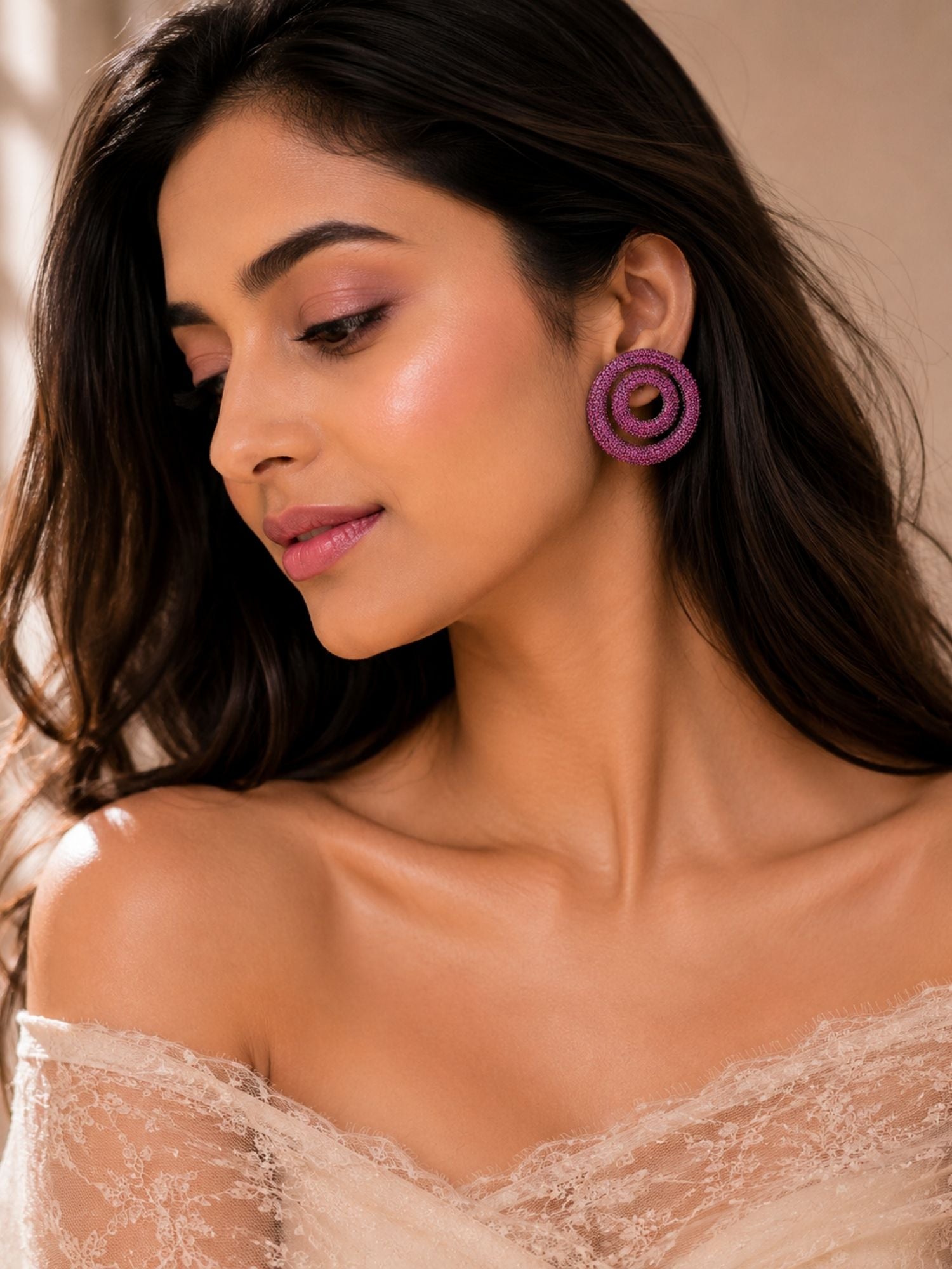 Victorian Pink Ruby Studded Circle Party Earrings | Abdesigns
